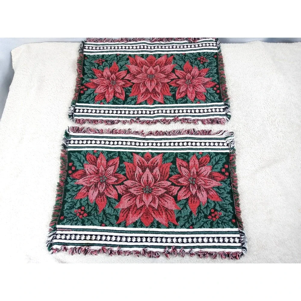 Set of 2 Christmas Poinsettia Woven‎ Tapestry Placemats Fringed Holiday Table
